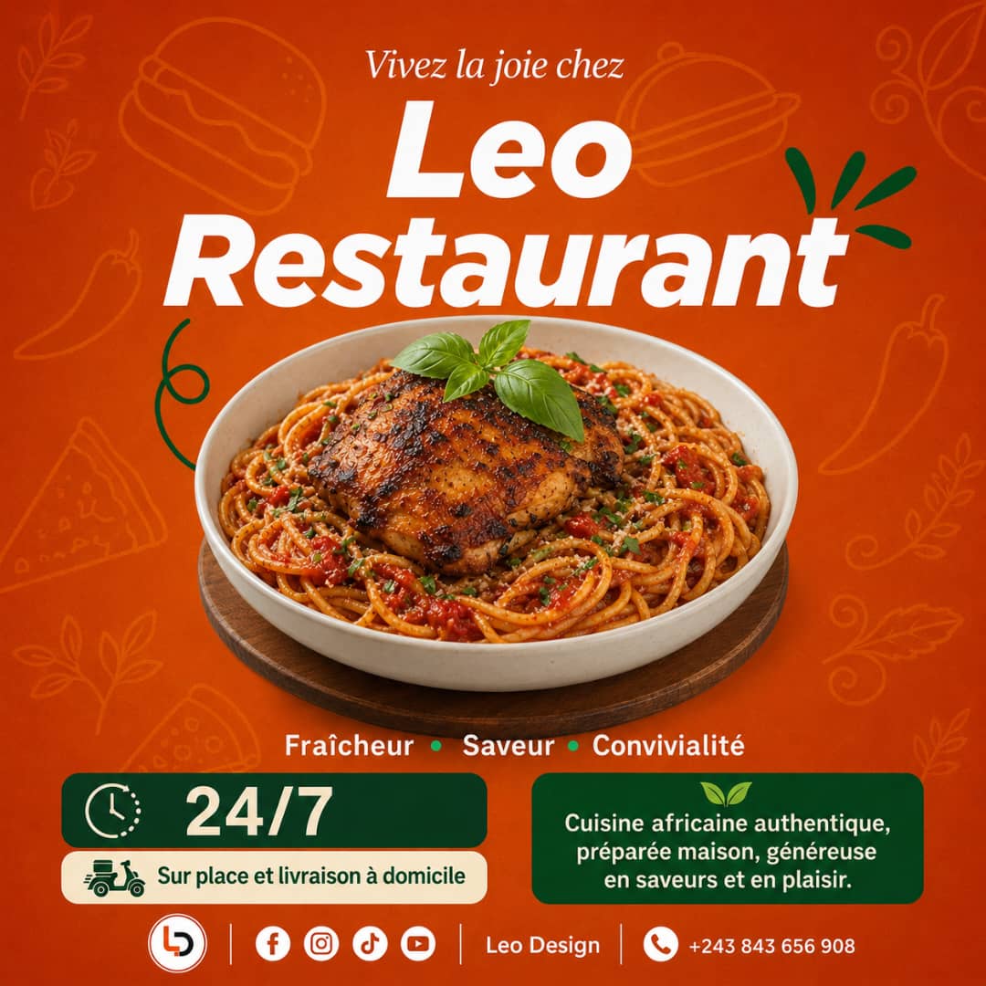 Affiche LEO Restaurant avec spaghetti et cuisse de poulet