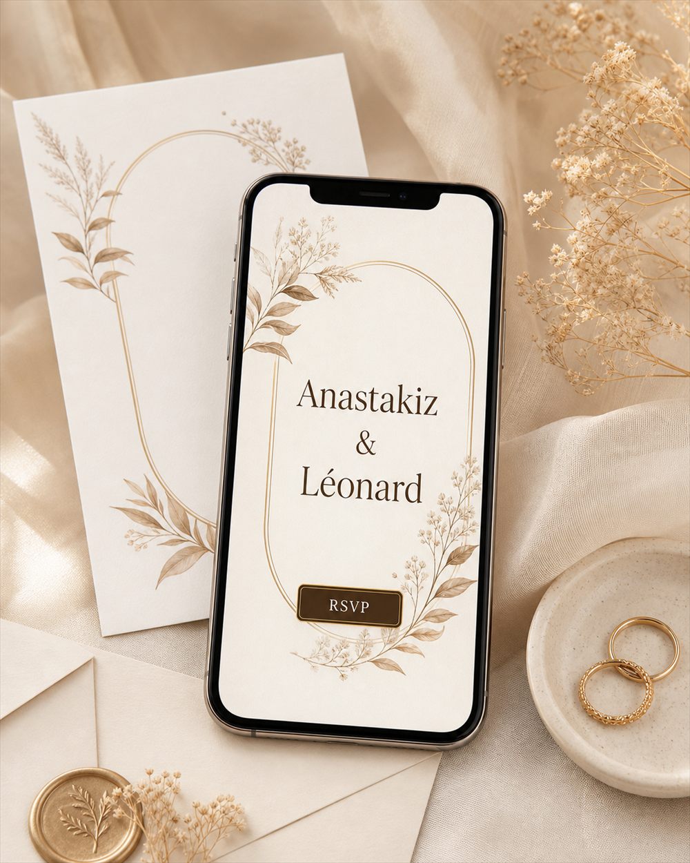 Présentation sur smartphone de l'invitation RSVP Anastakiz et Léonard